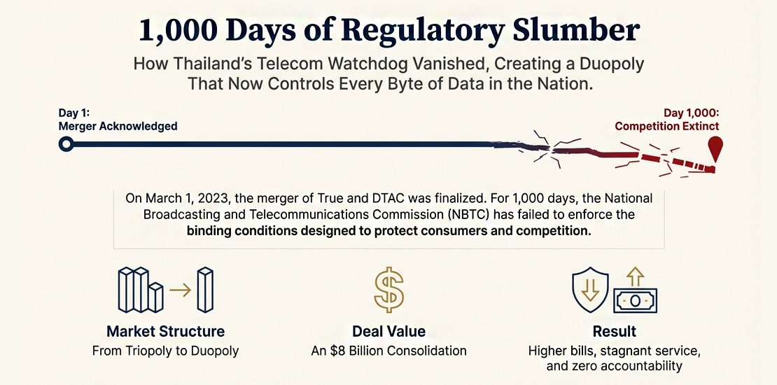 infographic illustrating "1,000 Days of Regulatory Slumber" following the finalization of the True and DTAC merger on March 1, 2023. It depicts a timeline from Day 1 ("Merger Acknowledged") to Day 1,000 ("Competition Extinct"). Key impacts listed are: Market Structure change from Triopoly to Duopoly, Deal Value (An $8 Billion Consolidation), and the Result (Higher bills, stagnant service, and zero accountability).