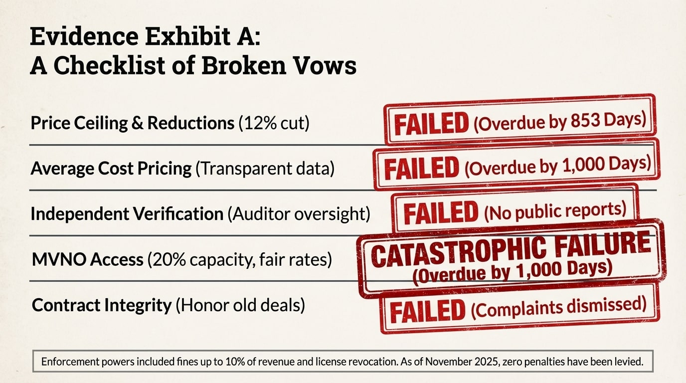 Evidence-Checklist-Broken-Vows-NBTC-Merger-Conditions-Failure A checklist titled "Evidence Exhibit A: A Checklist of Broken Vows," showing the failure of five binding conditions set by the NBTC for the True-DTAC merger. These failures include: Price Ceiling & Reductions (12% cut) (FAILED, Overdue by 853 Days), Average Cost Pricing (Transparent data) (FAILED, Overdue by 1,000 Days), Independent Verification (Auditor oversight) (FAILED, No public reports), MVNO Access (20% capacity, fair rates) (CATASTROPHIC FAILURE, Overdue by 1,000 Days), and Contract Integrity (Honor old deals) (FAILED, Complaints dismissed). A note at the bottom states that zero penalties have been levied as of November 2025, despite enforcement powers.