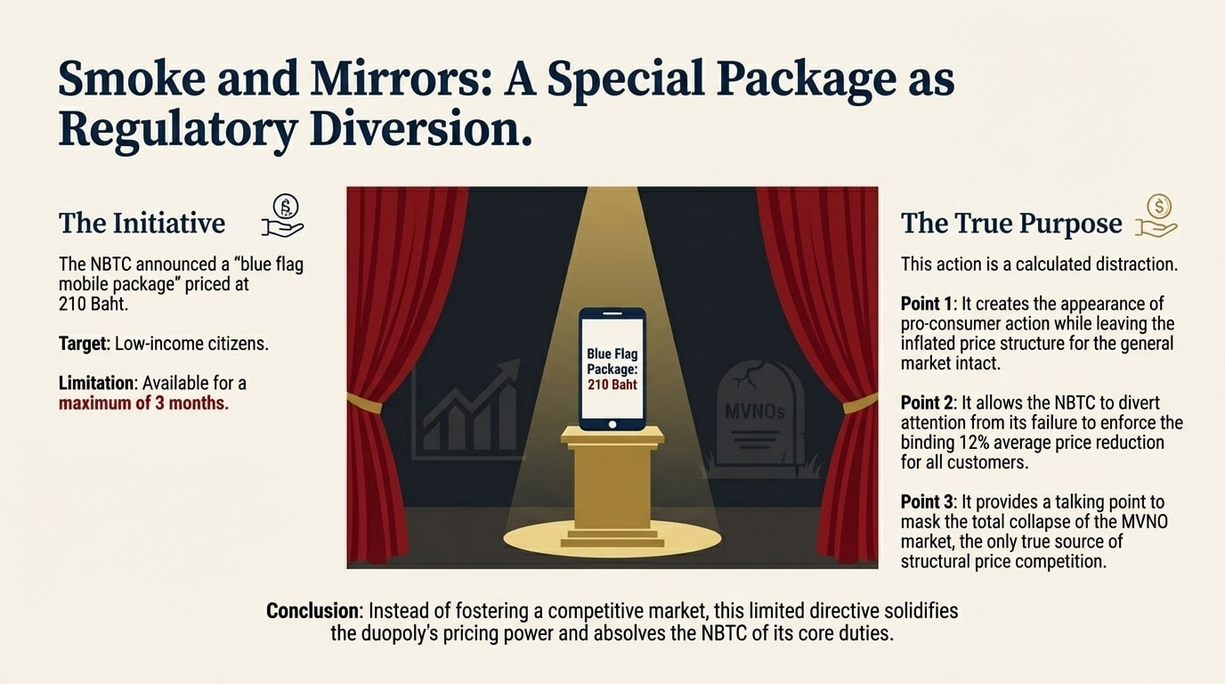 NBTC-Blue-Flag-Package-Regulatory-Diversion-Smoke-Mirrors Graphic titled "Smoke and Mirrors: A Special Package as Regulatory Diversion," detailing the NBTC's "blue flag mobile package" initiative priced at 210 Baht for low-income citizens with a 3-month limit (The Initiative). The graphic argues the True Purpose is a calculated distraction to: 1) create the appearance of pro-consumer action while leaving the general inflated price structure intact, 2) divert attention from the failure to enforce the binding 12% price reduction, and 3) mask the collapse of the MVNO market.