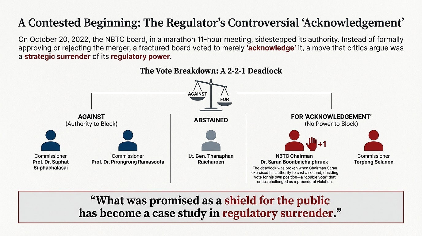 NBTC-Vote-Acknowledgement-Breakdown-True-DTAC-Merger Diagram illustrating the controversial 2-2-1 vote breakdown of the National Broadcasting and Telecommunications Commission (NBTC) board on October 20, 2022, regarding the True-DTAC merger. The vote was a deadlock (2 'Against' to 2 'For Acknowledgement' with 1 'Abstain'), broken by NBTC Chairman Dr. Saran Boonbaichaiphruek using a contested second vote (+1) to approve the 'acknowledgement' of the merger.