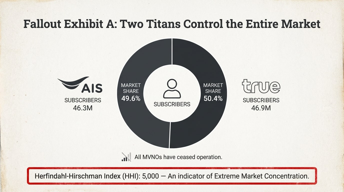 Thai-Mobile-Market-Subscriber-Share-AIS-True-Duopoly Donut chart titled "Fallout Exhibit A: Two Titans Control the Entire Market," showing the extreme concentration of the Thai mobile market as of Q3 2025. True commands 46.9 million subscribers (50.4% market share), and AIS has 46.3 million subscribers (49.6% market share). The Herfindahl-Hirschman Index (HHI) is noted as 5,000, indicating extreme market concentration, with all MVNOs having ceased operation.