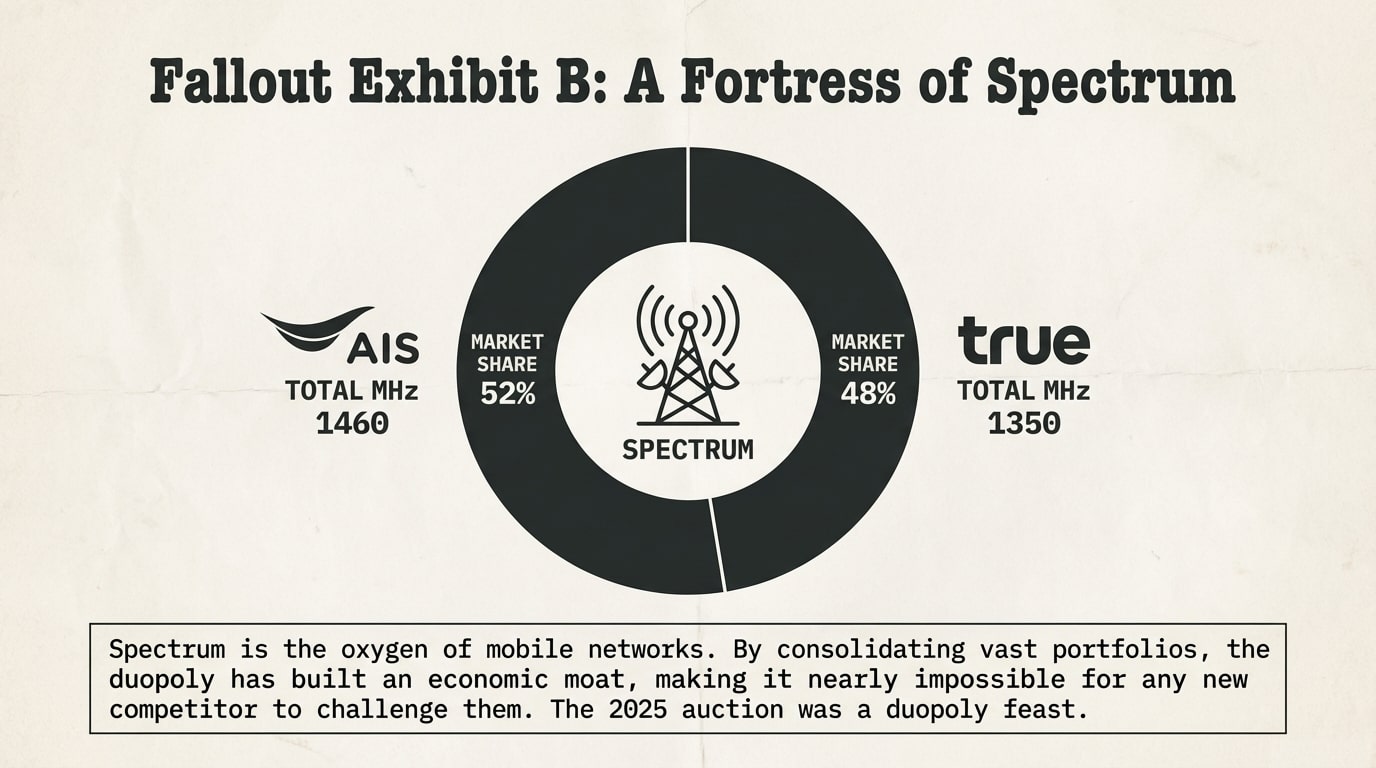 Thai-Telecom-Spectrum-Share-AIS-True-Fortress Graphic titled "Fallout Exhibit B: A Fortress of Spectrum," showing the consolidated spectrum holdings of the Thai duopoly. AIS holds 1460 MHz (52% market share) and True holds 1350 MHz (48% market share) of total spectrum. The text explains that this consolidation creates an economic moat, making it nearly impossible for any new competitor to challenge them, and notes that the 2025 auction was a "duopoly feast."