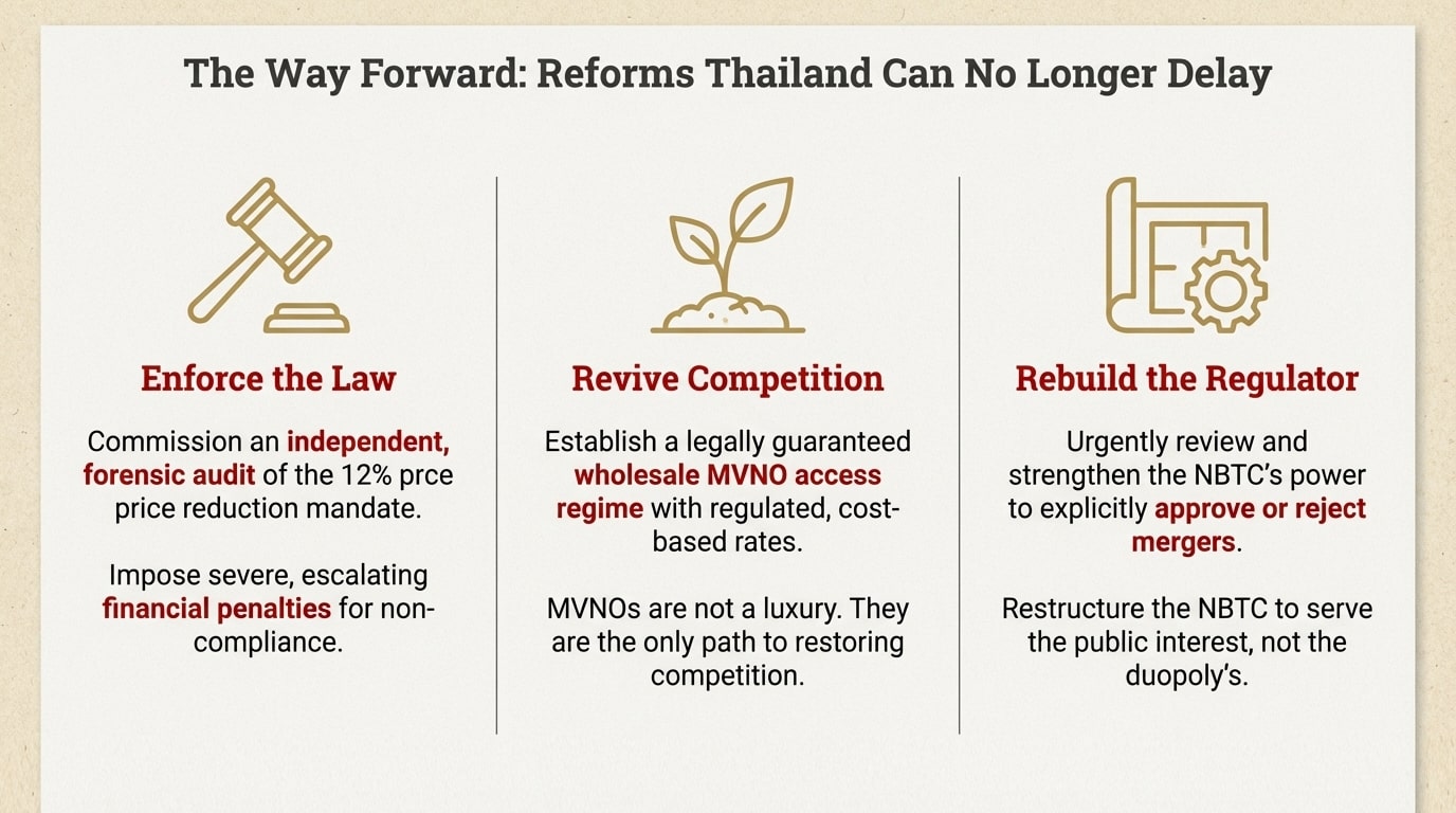 Thailand-Telecom-Reform-Way-Forward-NBTC-Enforcement Graphic titled "The Way Forward: Reforms Thailand Can No Longer Delay," outlining three necessary structural reforms for Thailand's telecom sector: 1) Enforce the Law (commission an independent forensic audit of the 12% price reduction and impose severe financial penalties), 2) Revive Competition (establish a legally guaranteed wholesale MVNO access regime with regulated, cost-based rates), and 3) Rebuild the Regulator (urgently strengthen the NBTC's power to explicitly approve or reject mergers and restructure it to serve the public interest).