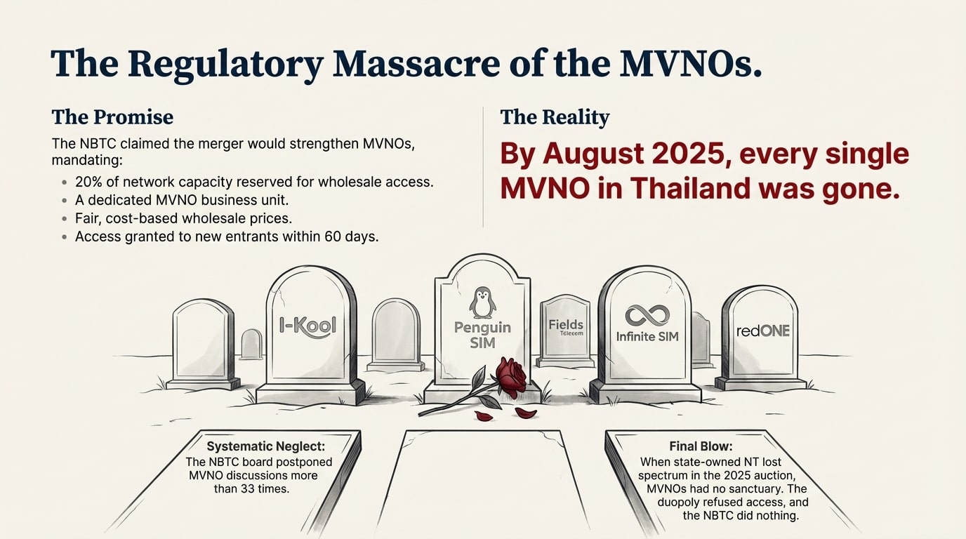 The-Death-Of-MVNOs-in-Thailand---Regulatory-Neglect Illustration titled "The Regulatory Massacre of the MVNOs" showing gravestones labeled with the names of now-extinct Mobile Virtual Network Operators (MVNOs) like I-Kool, Penguin SIM, Fields Telecom, Infinite SIM, and redONE. The graphic contrasts the NBTC's promise of guaranteed MVNO access and 20% network capacity with the reality that every MVNO was gone by August 2025 due to systematic neglect and regulatory inaction.