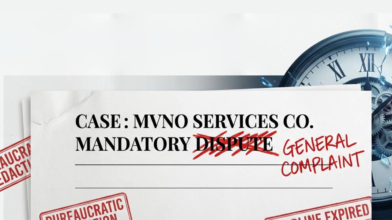 MVNO Services From Dispute to Complaint NBTC A visual representation of a legal file for "CASE: MVNO SERVICES CO." where the words "MANDATORY DISPUTE" are crossed out in red and replaced with the handwritten note "GENERAL COMPLAINT," symbolizing the NBTC's administrative neutralization of formal legal challenges.