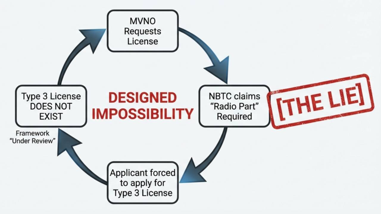 nbtc-license-trap-designed-impossibility A diagram illustrating the "License Trap," where the NBTC directs MVNOs to apply for licenses that are technically or legally impossible to obtain, ensuring market foreclosure.