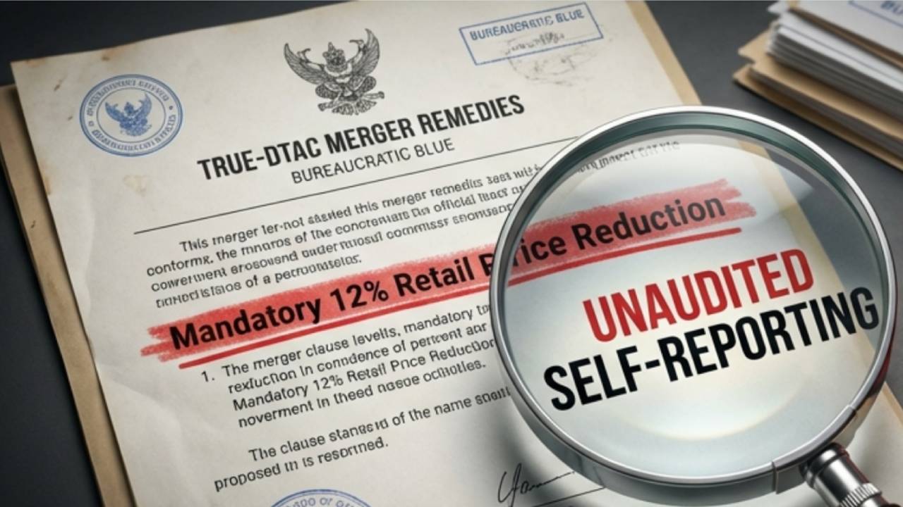 nbtc-merger-remedy-12-percent-failure A visual illustration of the NBTC’s failure to implement independent verification of the 12% price reduction mandate from the TRUE-dtac merger, highlighting the reliance on self-reported, unaudited data from incumbents.