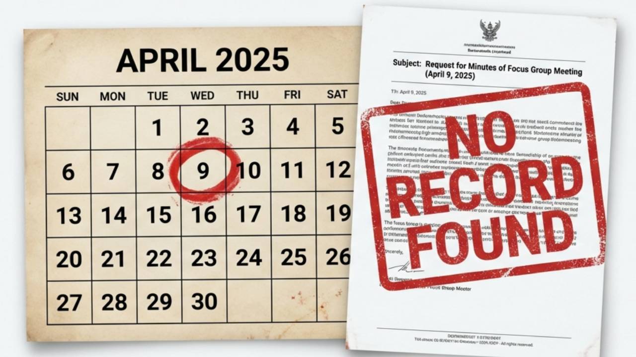 nbtc-no-record-found-focus-group A visual representation of a calendar and official documents stamped with "NO RECORD FOUND," symbolizing the NBTC Office's formal admission that no summary or recommendations exist for the April 2025 MVNO Focus Group meeting.