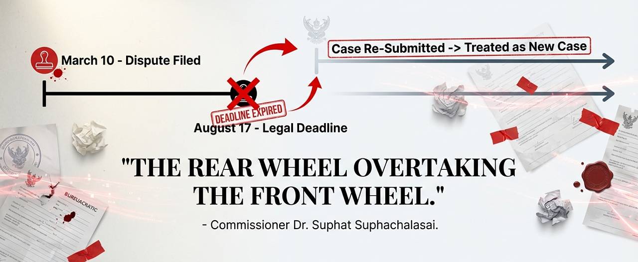 nbtc-regulatory-whitewashing-timeline A timeline diagram titled "The Rear Wheel Overtaking the Front Wheel," showing a dispute filed on March 10, a legal deadline expiring on August 17, and the case being re-submitted and treated as a "New Case" to reset the regulatory clock.