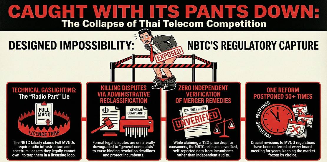 A vintage-style humorous illustration of a man caught with his pants down in a public or professional setting, used as a metaphor for the NBTC's regulatory transparency and the exposure of internal board minutes