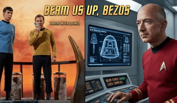 A cinematic conceptual image featuring Jeff Bezos as "Scotty" from Star Trek in a red Starfleet uniform. This visual represents Amazon’s "Project Transformer" and the disruptive MVNO Strategy behind it. The image serves as a metaphor for the integration of Telecommunications Infrastructure, AI, and the Prime ecosystem. Overlaid text: "BEAM US UP, BEZOS.