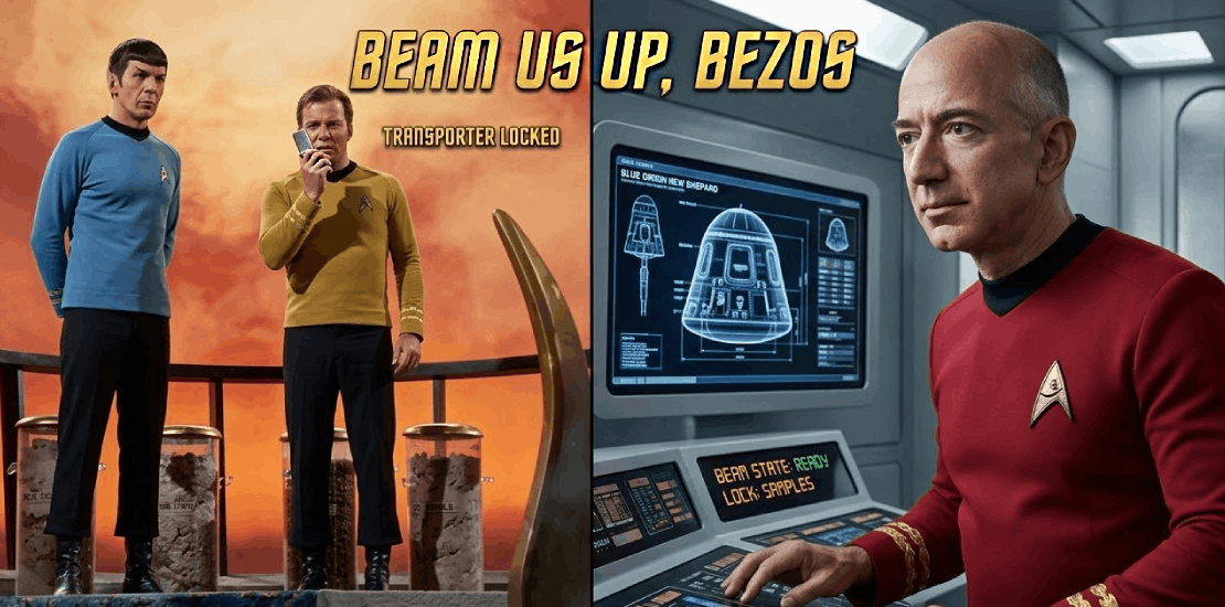 A cinematic conceptual image featuring Jeff Bezos as "Scotty" from Star Trek in a red Starfleet uniform. This visual represents Amazon’s "Project Transformer" and the disruptive MVNO Strategy behind it. The image serves as a metaphor for the integration of Telecommunications Infrastructure, AI, and the Prime ecosystem. Overlaid text: "BEAM US UP, BEZOS.