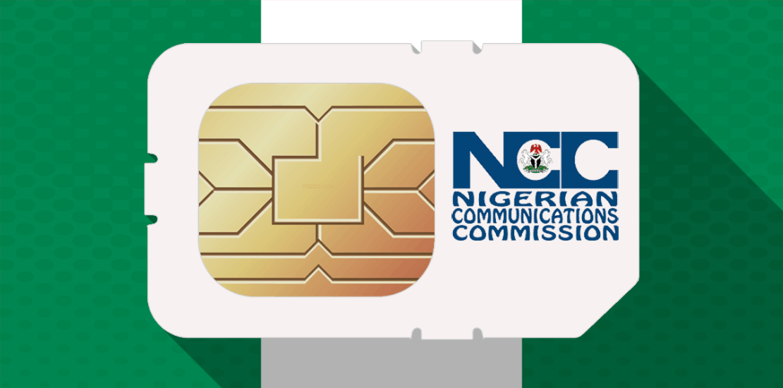 Official logo of the Nigerian Communications Commission (NCC) placed over a dark blue digital background filled with glowing network nodes, lines, and data symbols representing telecommunications connectivity and the new MVNO business rules framework.