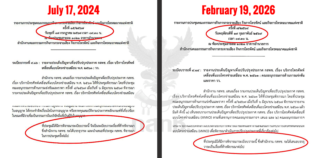 Official NBTC meeting minutes and evaluation reports demonstrating the systemic postponement of the MVNO regulation agenda item for over two years.