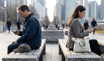 Conservative and progressive mobile users sitting back-to-back in an urban setting. This visual metaphor highlights the rise of the parallel economy and ideological MVNOs in the 2026 U.S telecom sector.