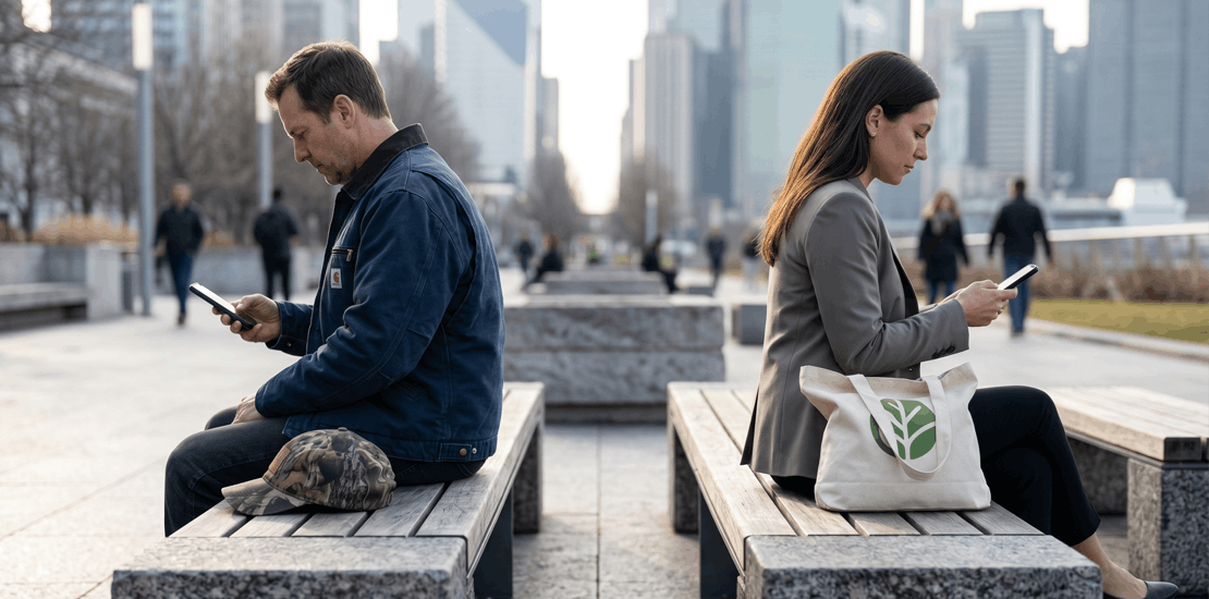 Conservative and progressive mobile users sitting back-to-back in an urban setting. This visual metaphor highlights the rise of the parallel economy and ideological MVNOs in the 2026 U.S telecom sector.