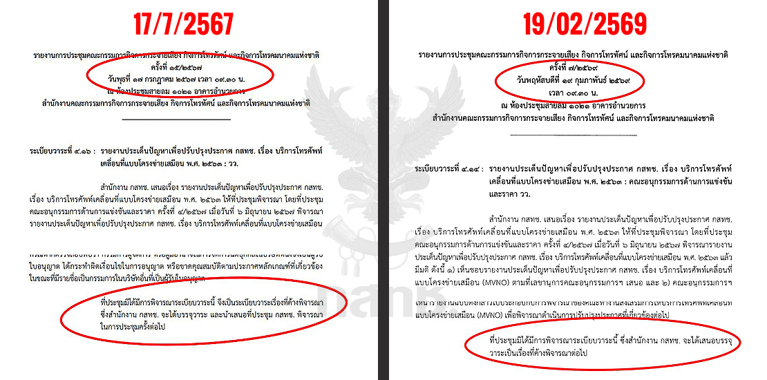 ตารางและเอกสารรายงานการประชุมอย่างเป็นทางการของ กสทช. แสดงหลักฐานระเบียบวาระเกณฑ์กำกับดูแล MVNO ที่ถูกเลื่อนพิจารณาซ้ำๆ มากกว่า 55 ครั้ง พร้อมข้อความระบุสถานะเป็นเรื่องค้างพิจารณาต่อเนื่องยาวนานกว่า 2 ปี