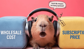 A guinea pig wearing headphones representing an MVNO, squeezed between blocks labeled "Wholesale Cost" and "Subscription Price," illustrating the margin squeeze in the Peruvian telecom market