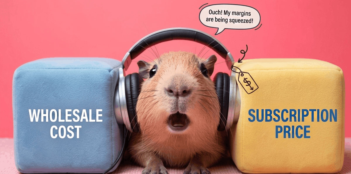 A guinea pig wearing headphones representing an MVNO, squeezed between blocks labeled "Wholesale Cost" and "Subscription Price," illustrating the margin squeeze in the Peruvian telecom market