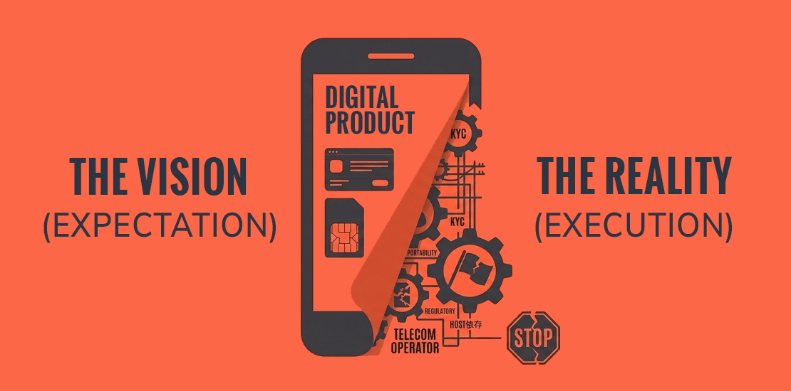 Orange graphic showing a phone split between two sides - the left labelled The Vision with a clean digital product, the right labelled The Reality with gears, KYC, regulatory and telecom operator complexity