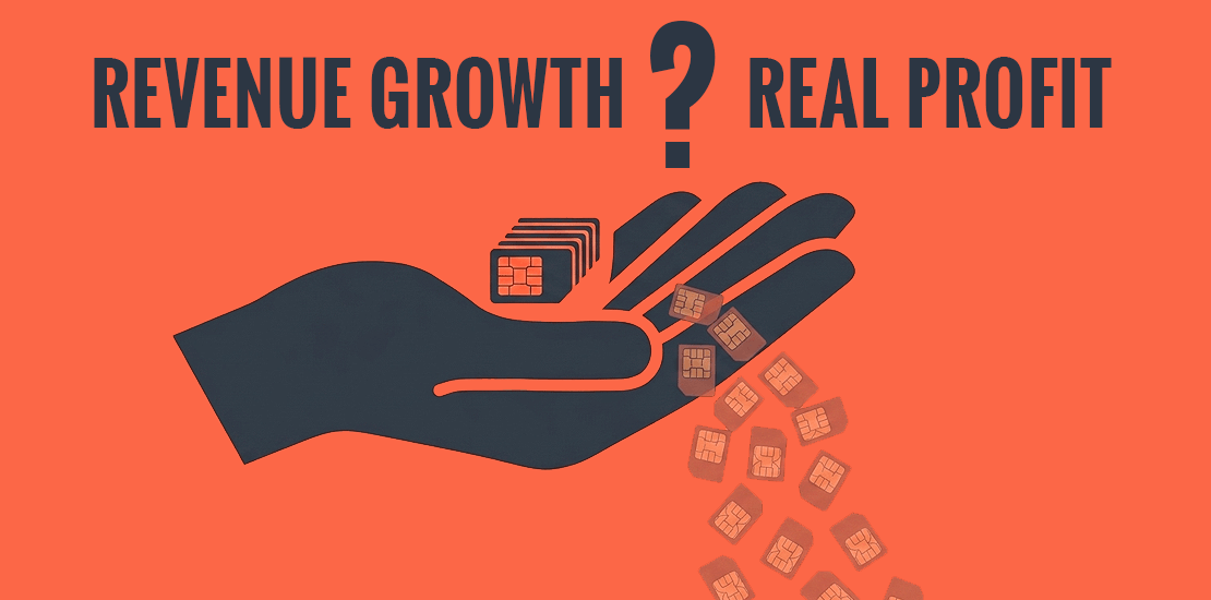 Orange graphic with the words MVNO Margins showing Revenue Growth versus Real Profit above a hand holding SIM cards with smaller cards falling away