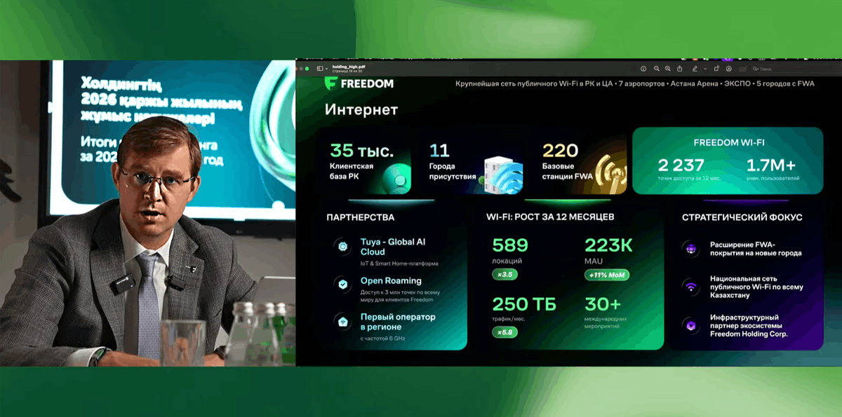 Freedom Holding CEO Timur Turlov presenting telecom infrastructure and MVNO plans during a live 2026 financial broadcast.