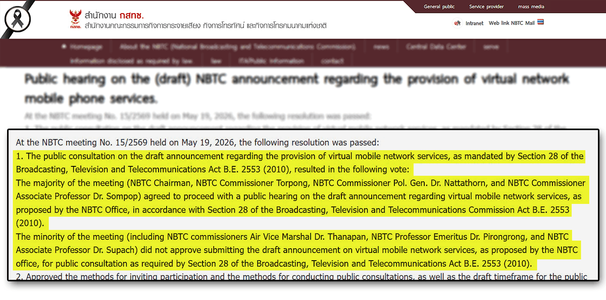 Official NBTC announcement on displaying the formal voting split between NBTC commissioners regarding the mobile virtual mobile network operators (MVNO) and aggregator (MVNA) services hearing.