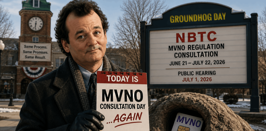 A conceptual image depicting "Groundhog Day" for Thai MVNO regulation 2026 . The background clock tower banner reads "Same Process. Same Promises. Same Result." and a marquee lists the NBTC MVNO regulation consultation dates for June 21 – July 22, 2026.
