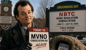 A conceptual image depicting "Groundhog Day" for Thai MVNO regulation 2026 . The background clock tower banner reads "Same Process. Same Promises. Same Result." and a marquee lists the NBTC MVNO regulation consultation dates for June 21 – July 22, 2026.