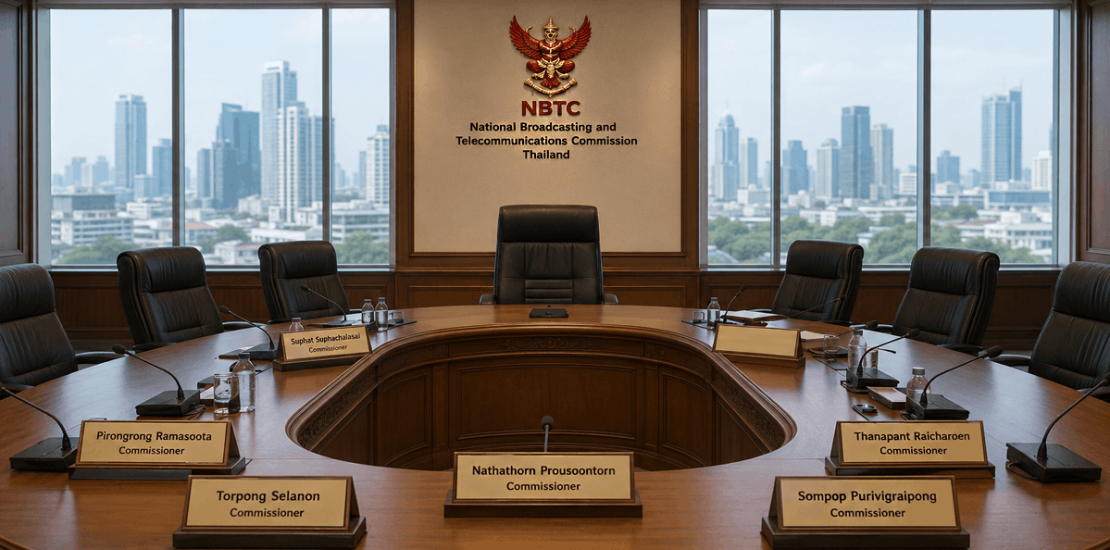 Empty chairman's chair at the head of the official NBTC conference table surrounded by commissioners' nameplates after the NBTC chairman removal.